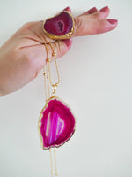 YAA YAA LONDON Pink Agate Slice Long Gold Bead Necklace