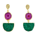 YAA YAA LONDON Purple Solar Quartz Green Druzy Agate Gold Pendant Earrings