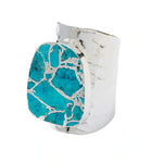 YAA YAA LONDON Longline 'Molten' Turquoise Stone Silver Cuff Statement Ring