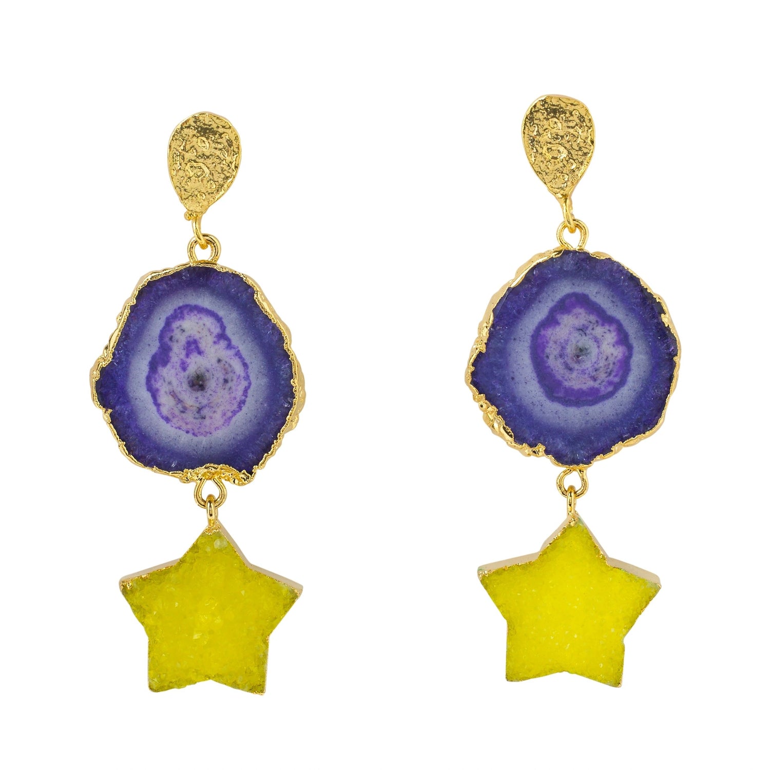 YAA YAA LONDON 'Night Sky' Purple Yellow Star Gemstone Gold Earrings
