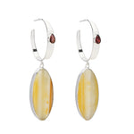 “Oval Drop” Pendant Sterling Silver Hoop Earrings - Yellow Agate Pink Tourmaline