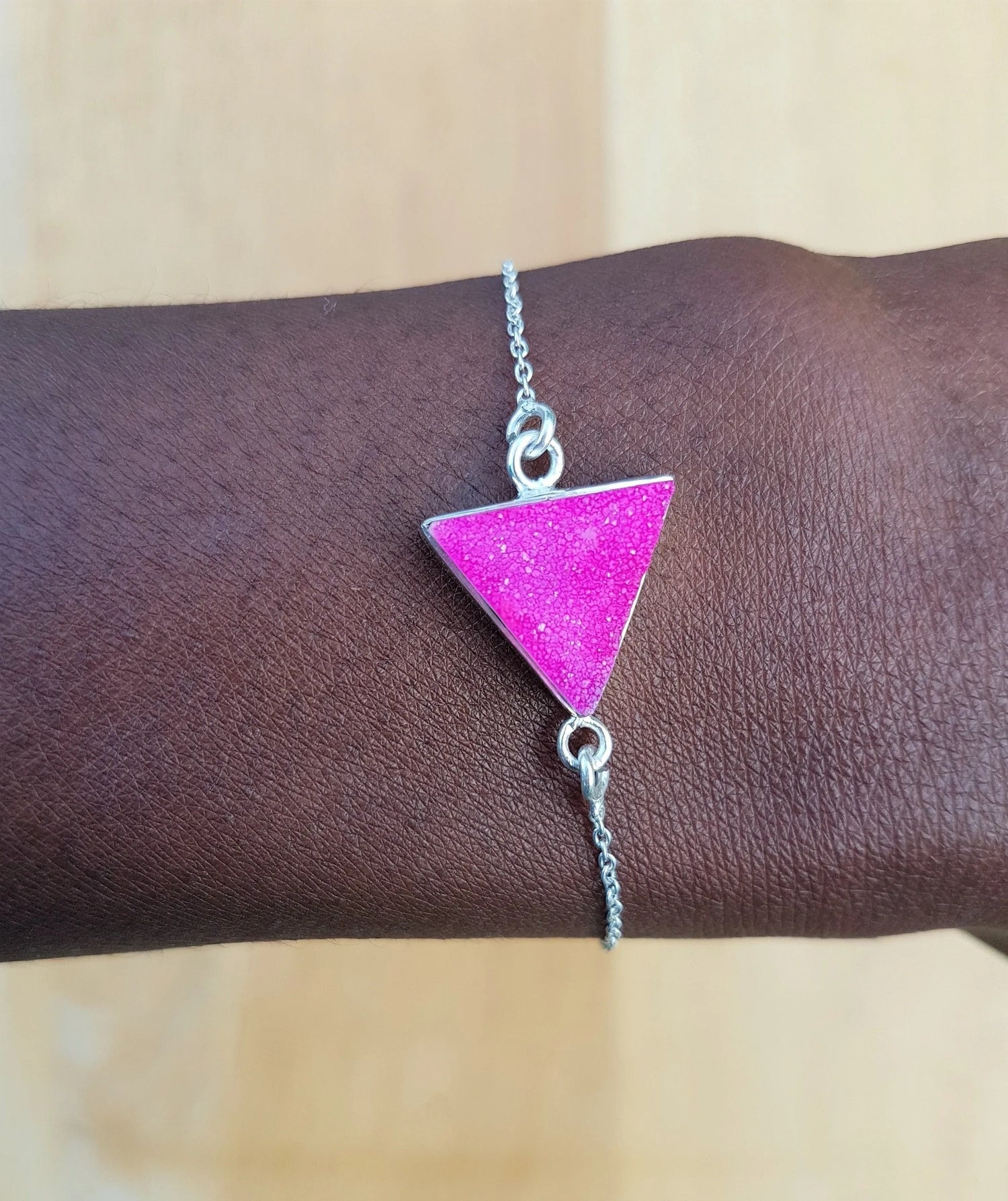SAMPLE SALE - YYL LUXE Sterling Silver Neon Pink Druzy Triangle Bracelet