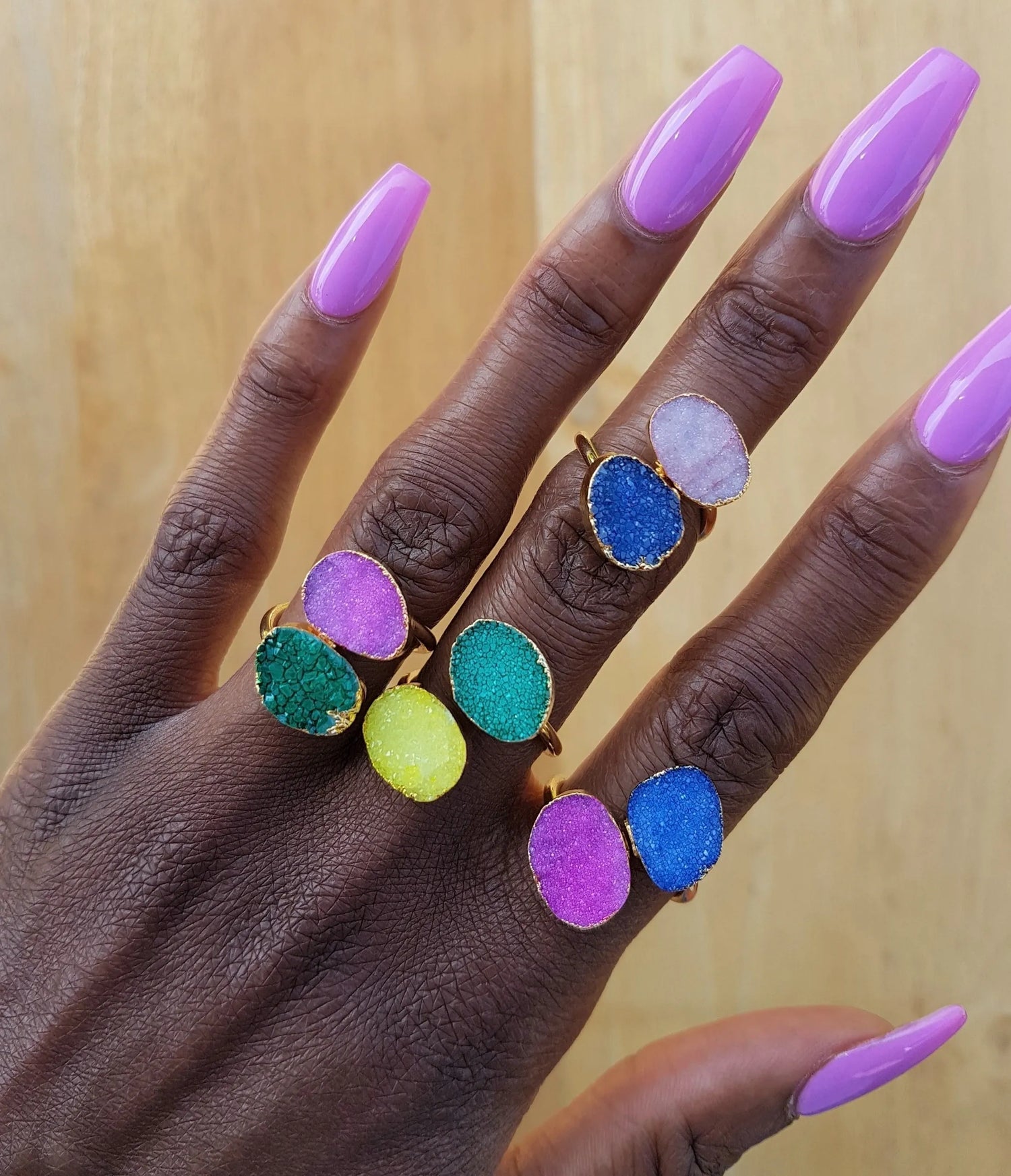 YAA YAA LONDON Colour Pop Double Druzy Stone Gold Rings