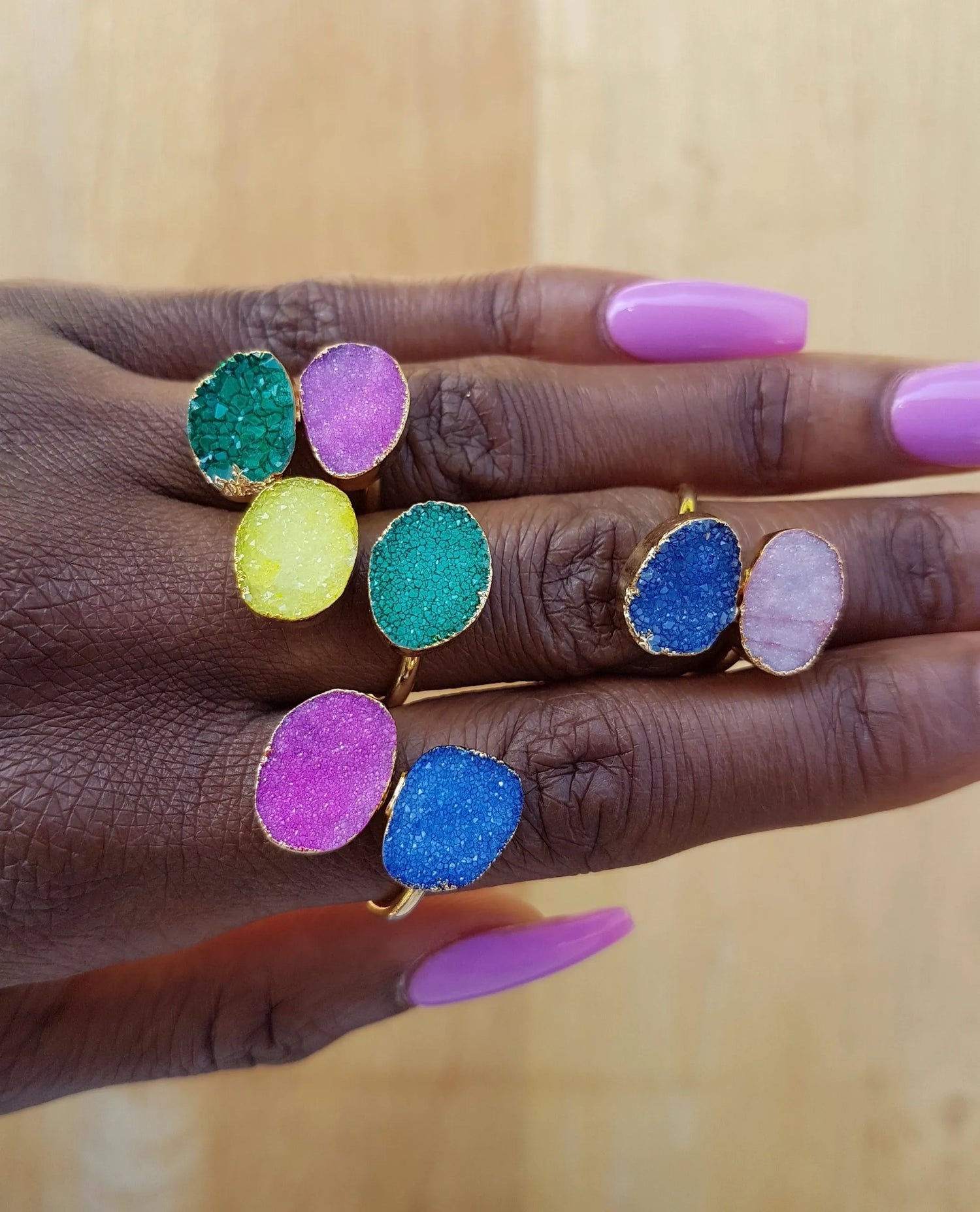 YAA YAA LONDON Colour Pop Double Druzy Stone Gold Rings