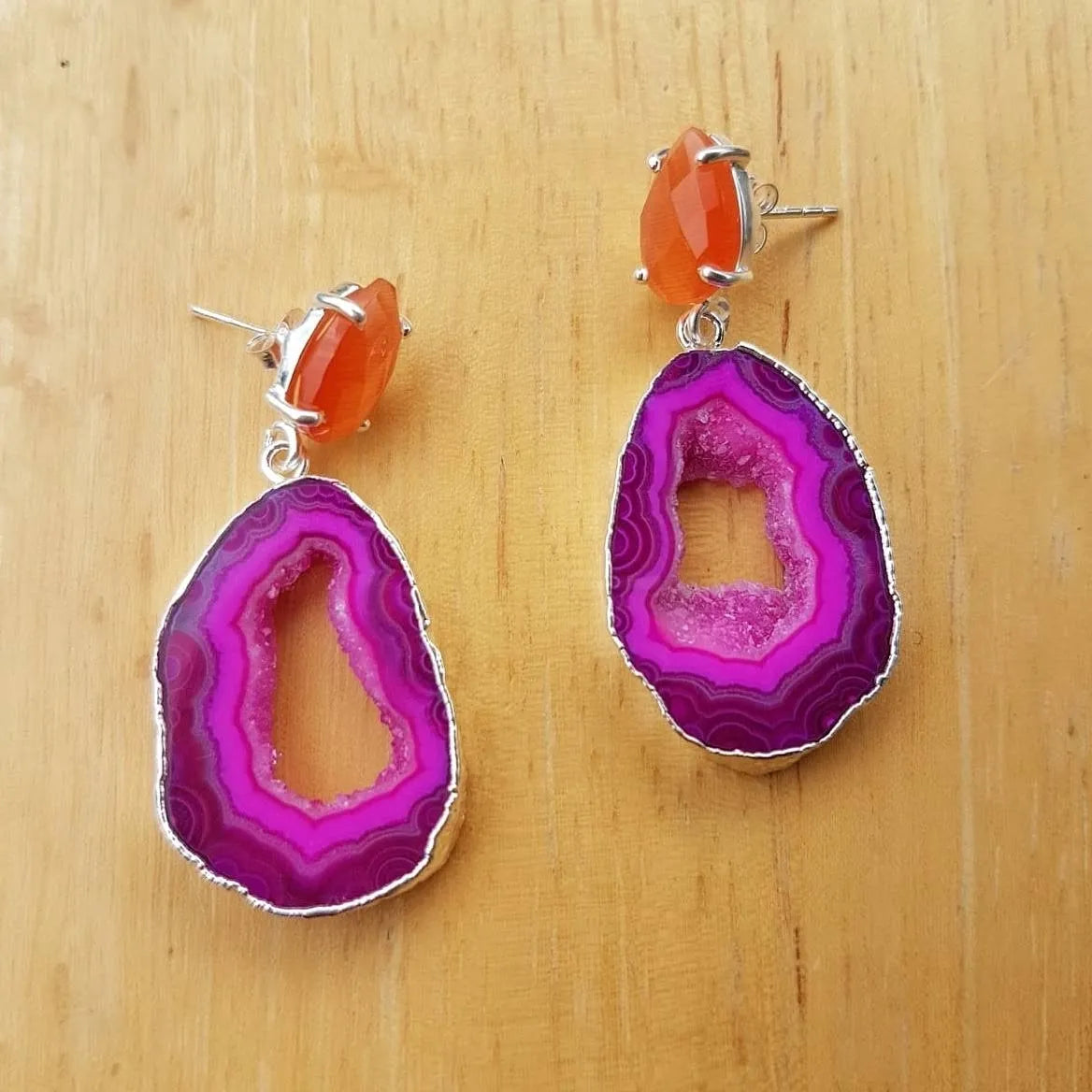 YYL LUXE Sterling Silver Fuchsia Pink Agate Orange Stone Earrings
