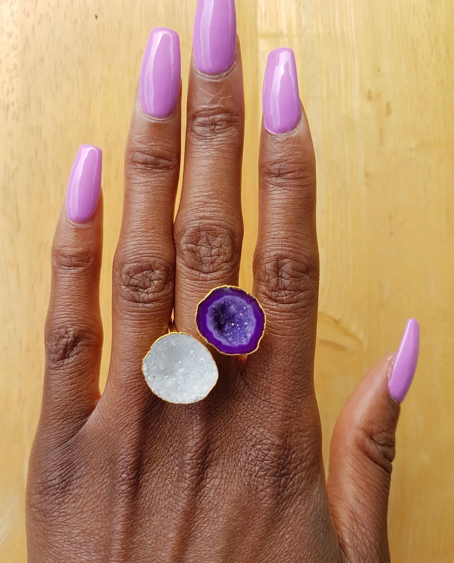Purple White 'Duo' Gemstone Adjustable Gold Ring