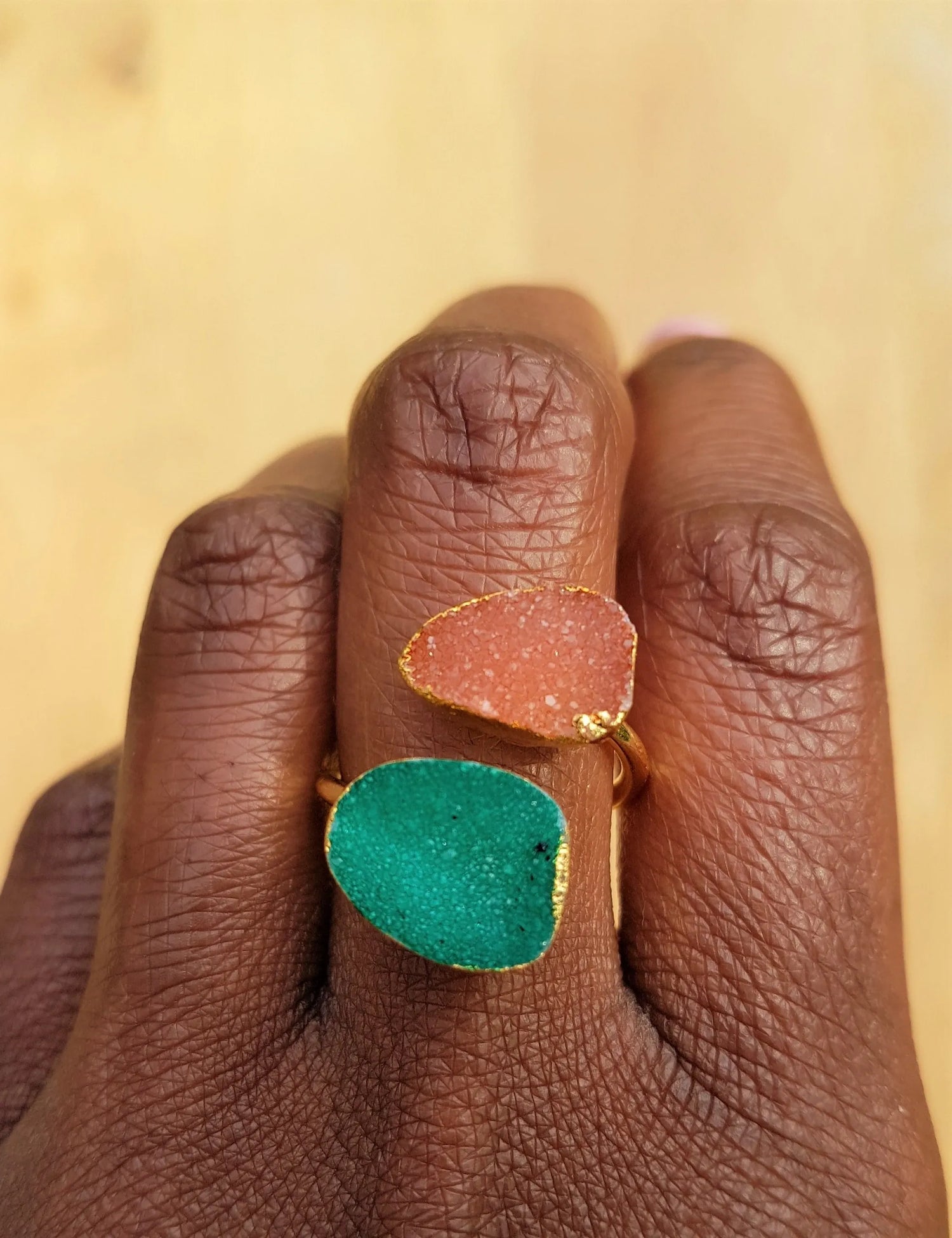 Frosty Peach and Emerald Green Agate Stone Semi Precious Gold Ring