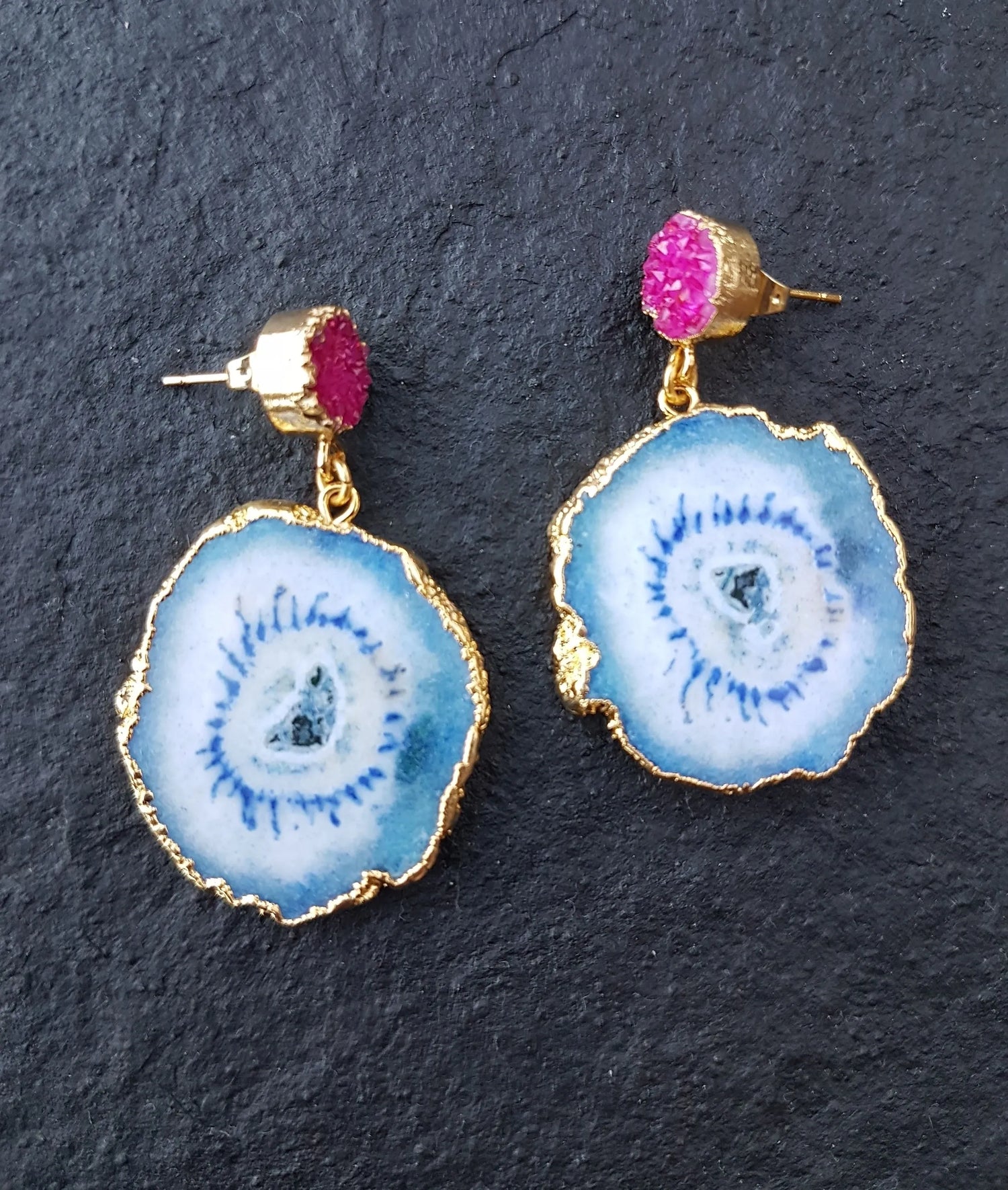 YAA YAA LONDON Blue Pink 'So Solar' Gemstone Gold Earrings