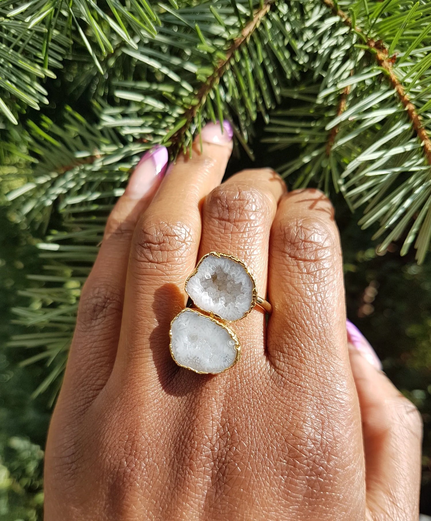 YAA YAA LONDON Natural White 'Duo' Gemstone Gold Adjustable Ring
