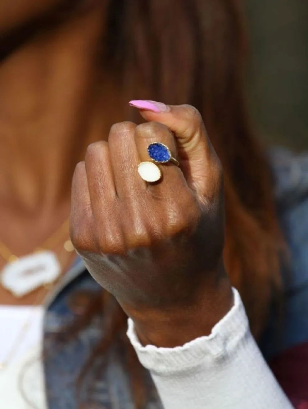 YAA YAA LONDON Navy White Druzy Stone Adjustable Gold Ring