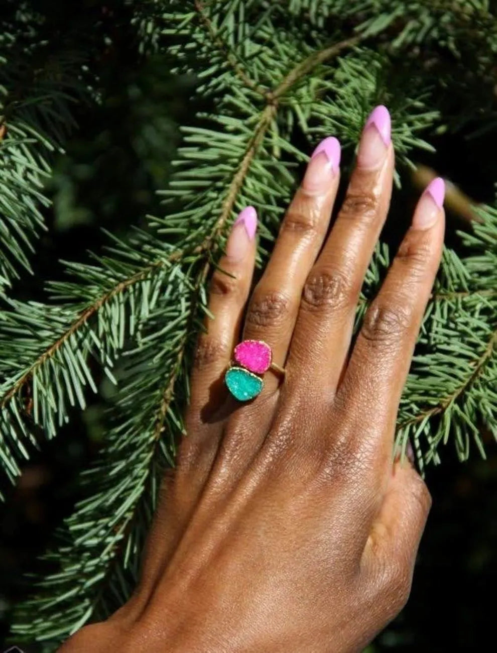 Glimmering Green Berry Pink Stone Semi-precious Gold Ring