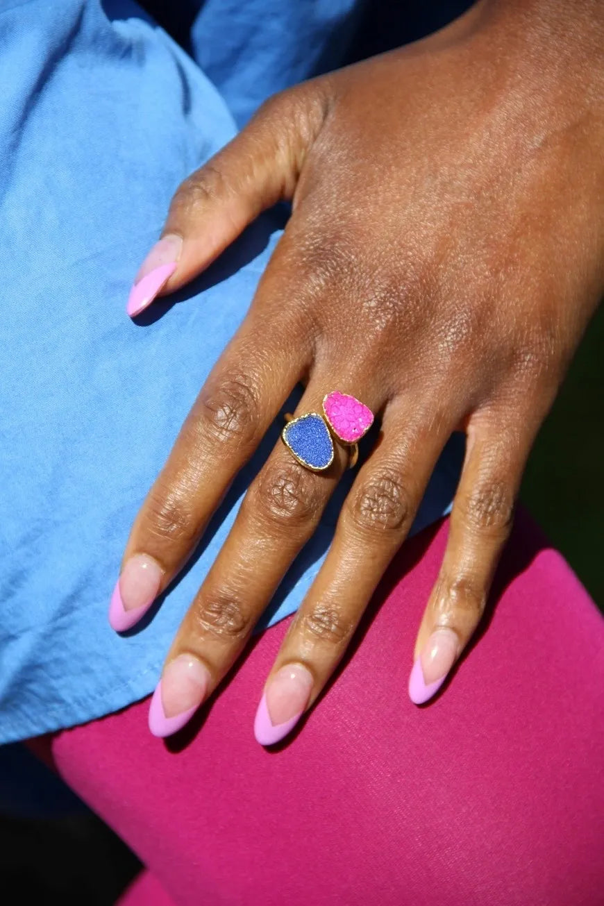 Blue and Fuchsia Pink Stone Semi-precious Gold Ring