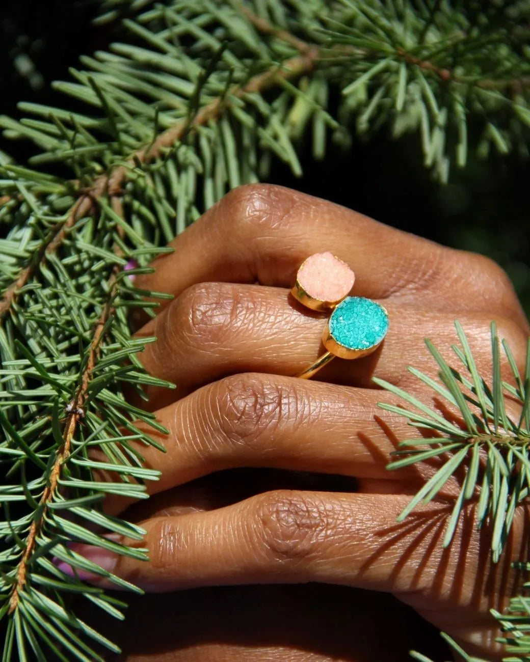 Frosty Peach and Emerald Green Agate Stone Semi Precious Gold Ring