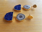 Grey Solar Quartz Navy Blue Druzy Gold Earrings
