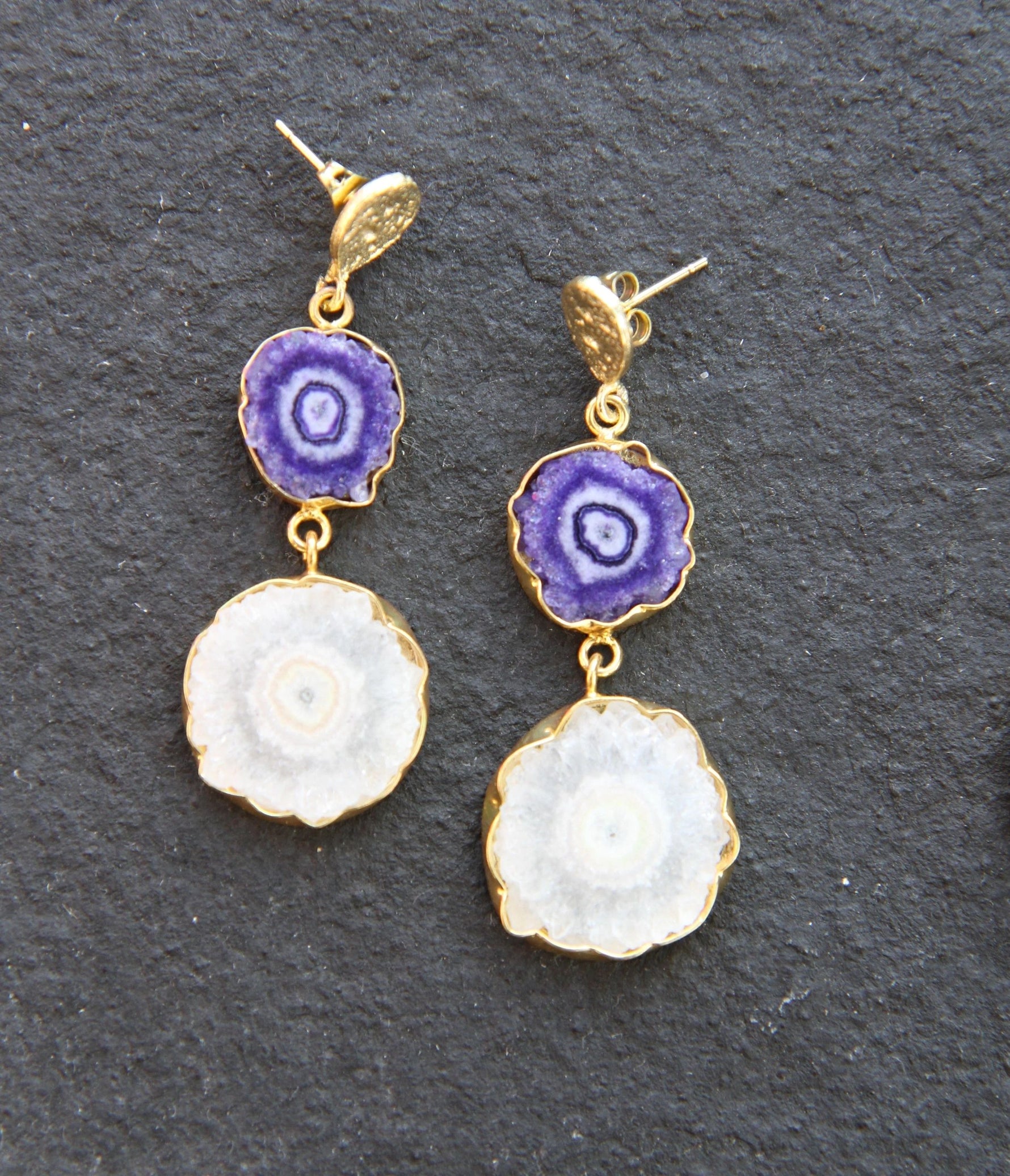 YAA YAA LONDON 'So Solar' Purple Cream Gemstone Gold Earrings