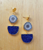 Grey Solar Quartz Navy Blue Druzy Gold Earrings