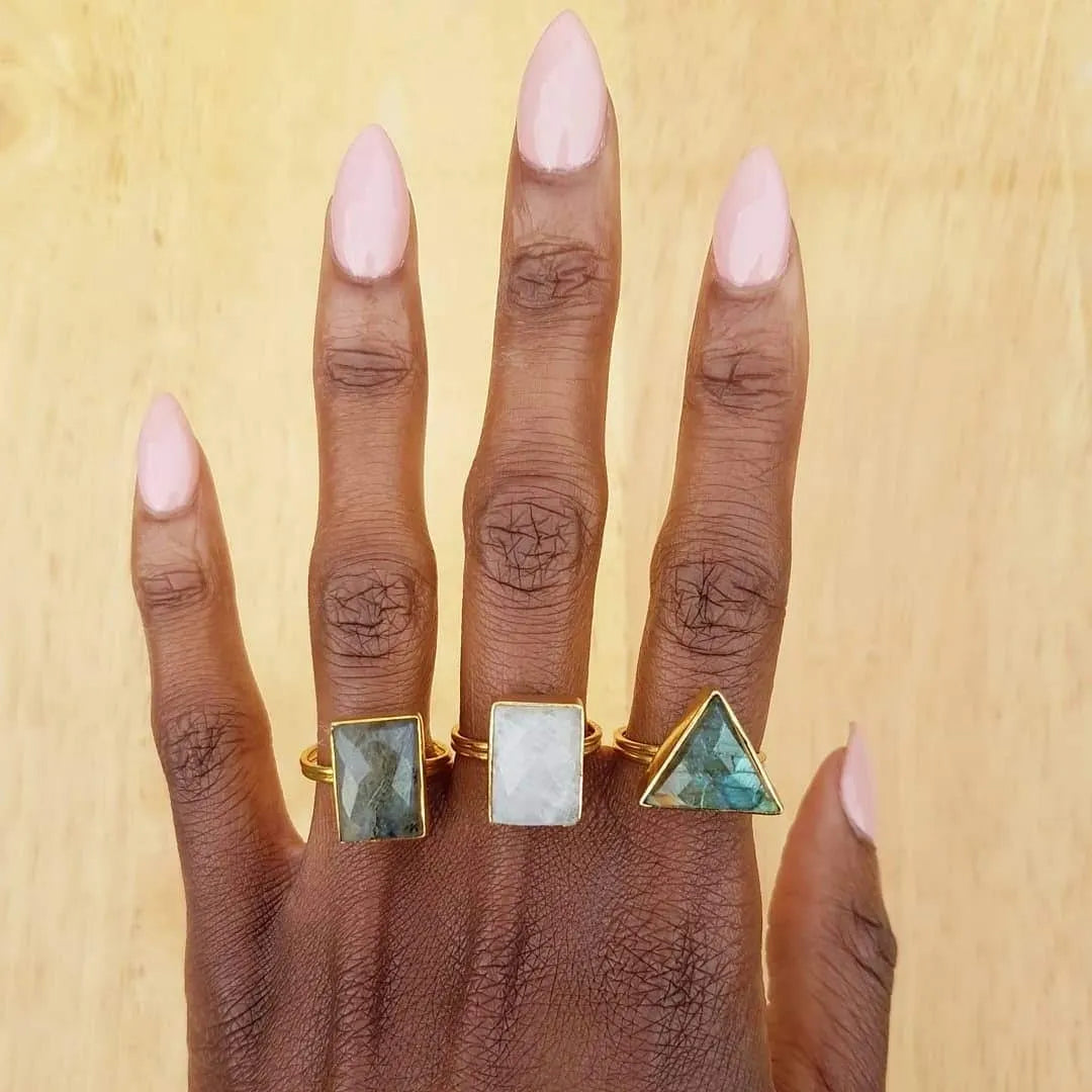 YYL LUXE Rainbow Moonstone or Labradorite Sterling Silver Matt Gold Ring