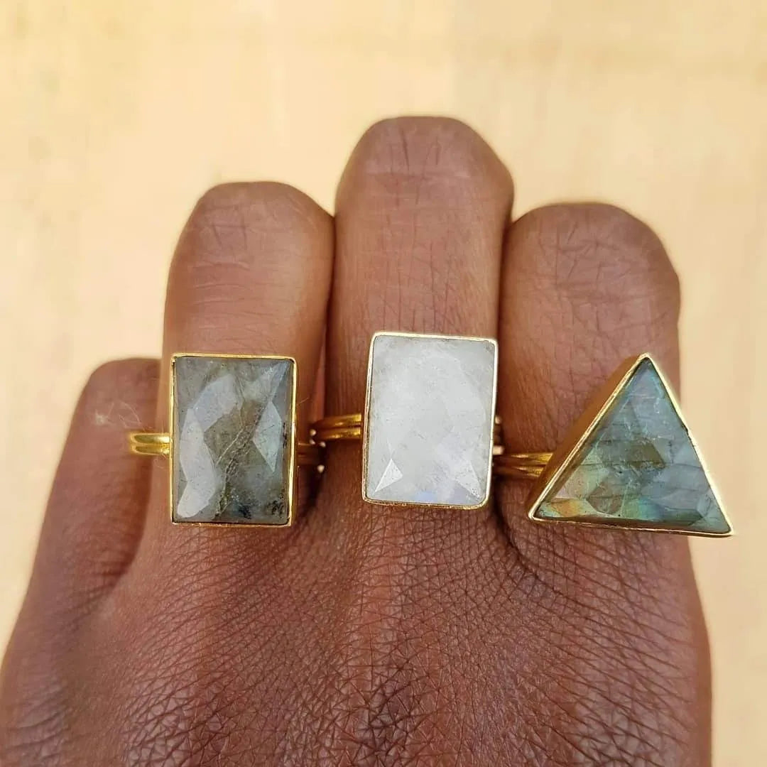 YYL LUXE Rainbow Moonstone or Labradorite Sterling Silver Matt Gold Ring