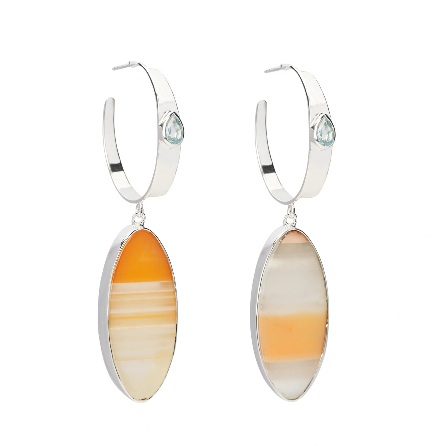 “Oval Drop” Pendant Sterling Silver Hoop Earrings - Amber Orange