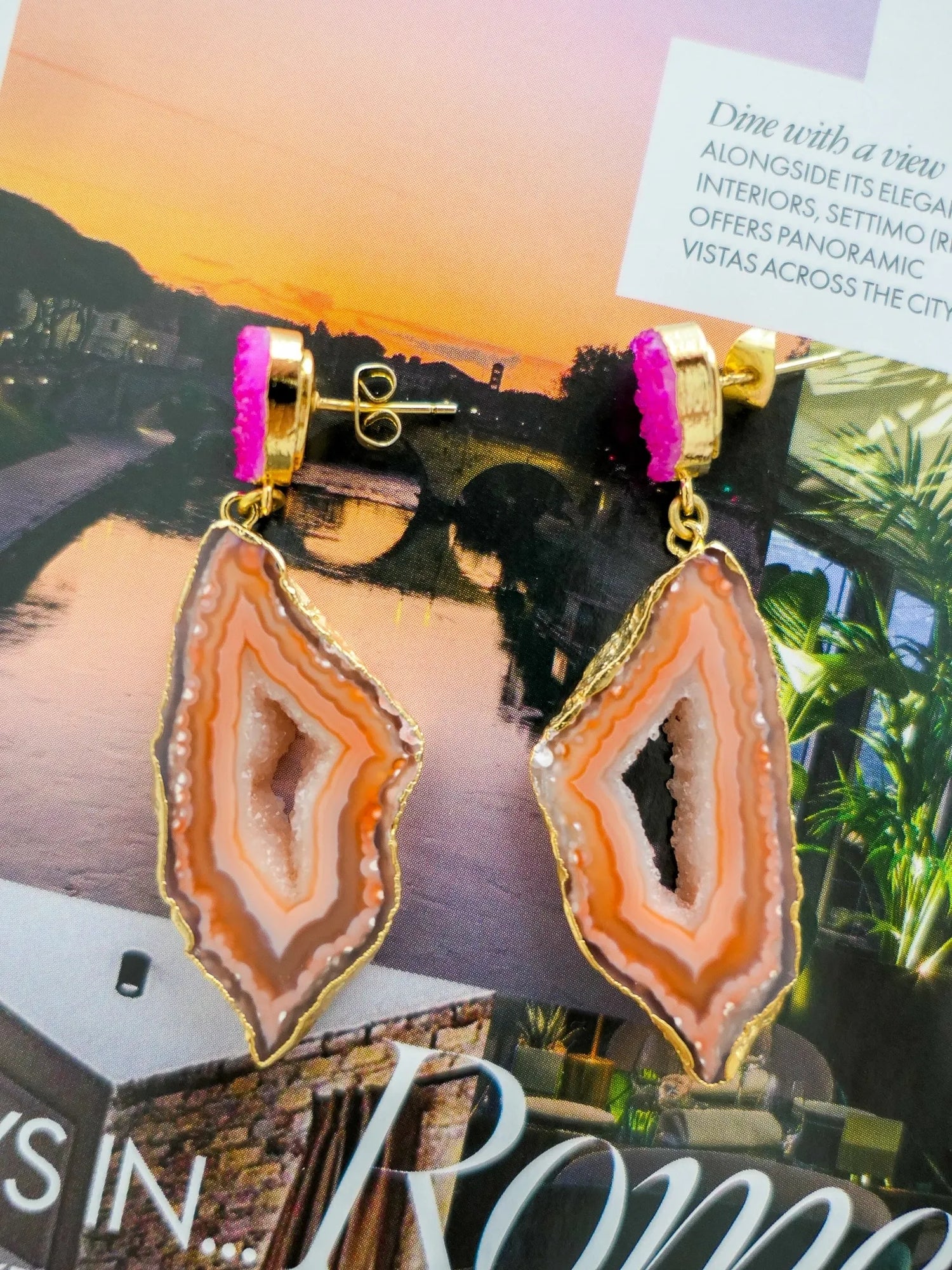 YAA YAA LONDON Caramel Pink 'African Slice' Gemstone Gold Earrings