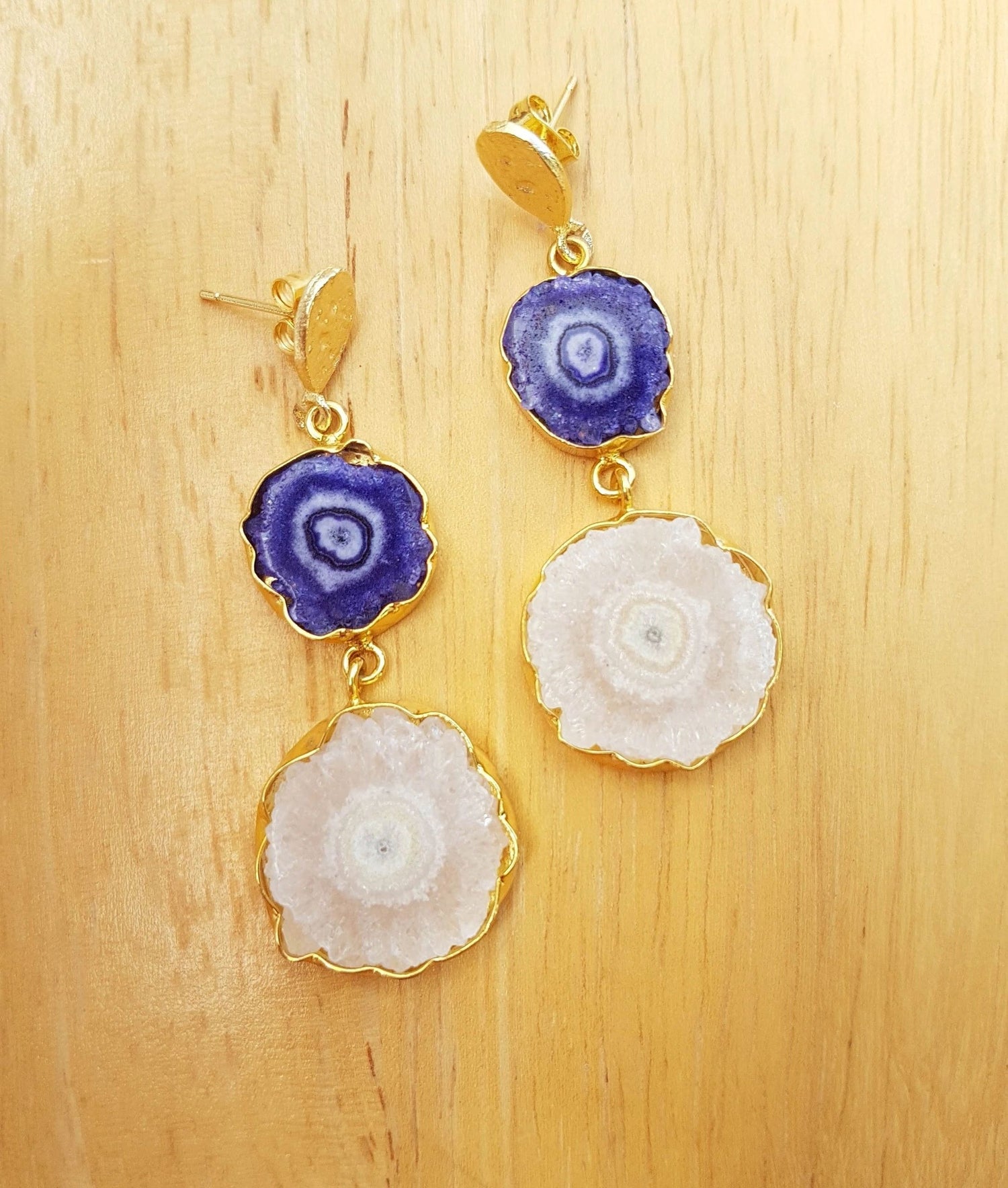 YAA YAA LONDON 'So Solar' Purple Cream Gemstone Gold Earrings