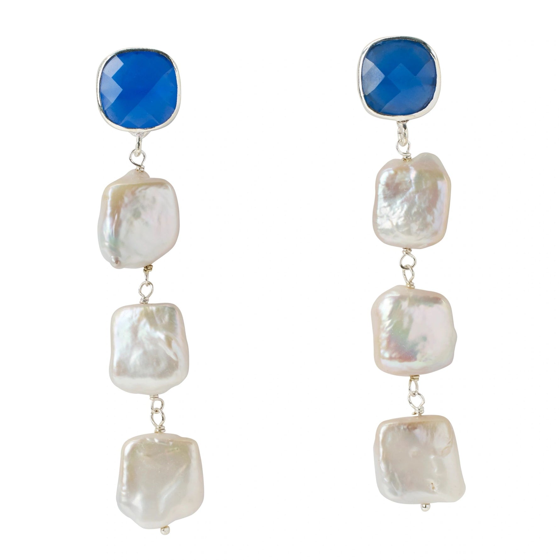 Sterling Silver Irregular Pearl Blue Chalcedony Gemstone Earrings