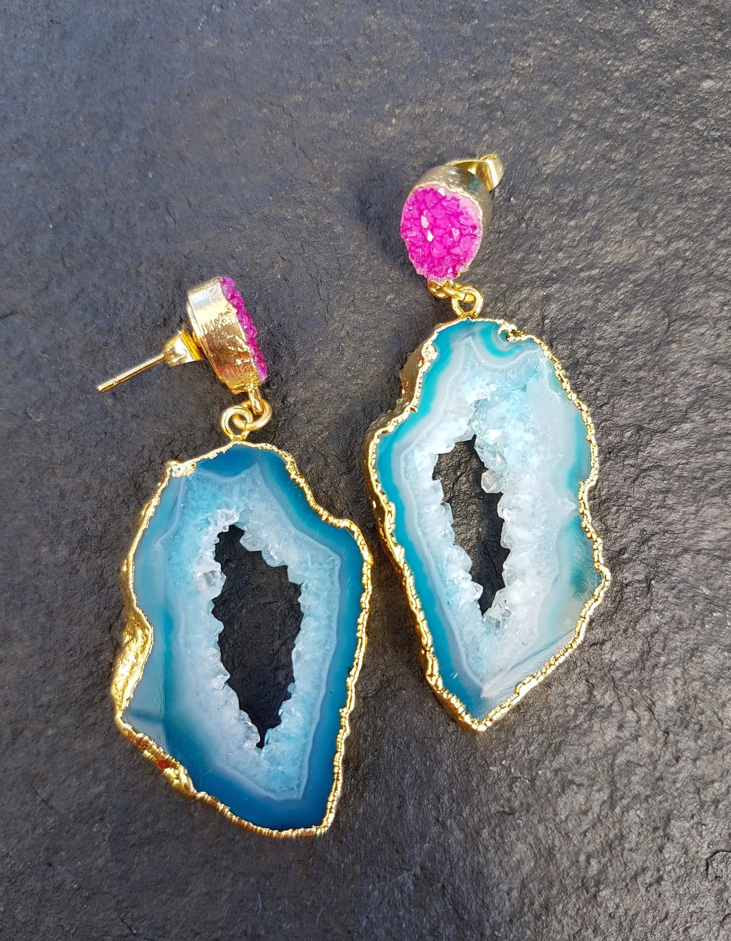 YAA YAA LONDON Blue Pink Agate 'African Slice' Earrings
