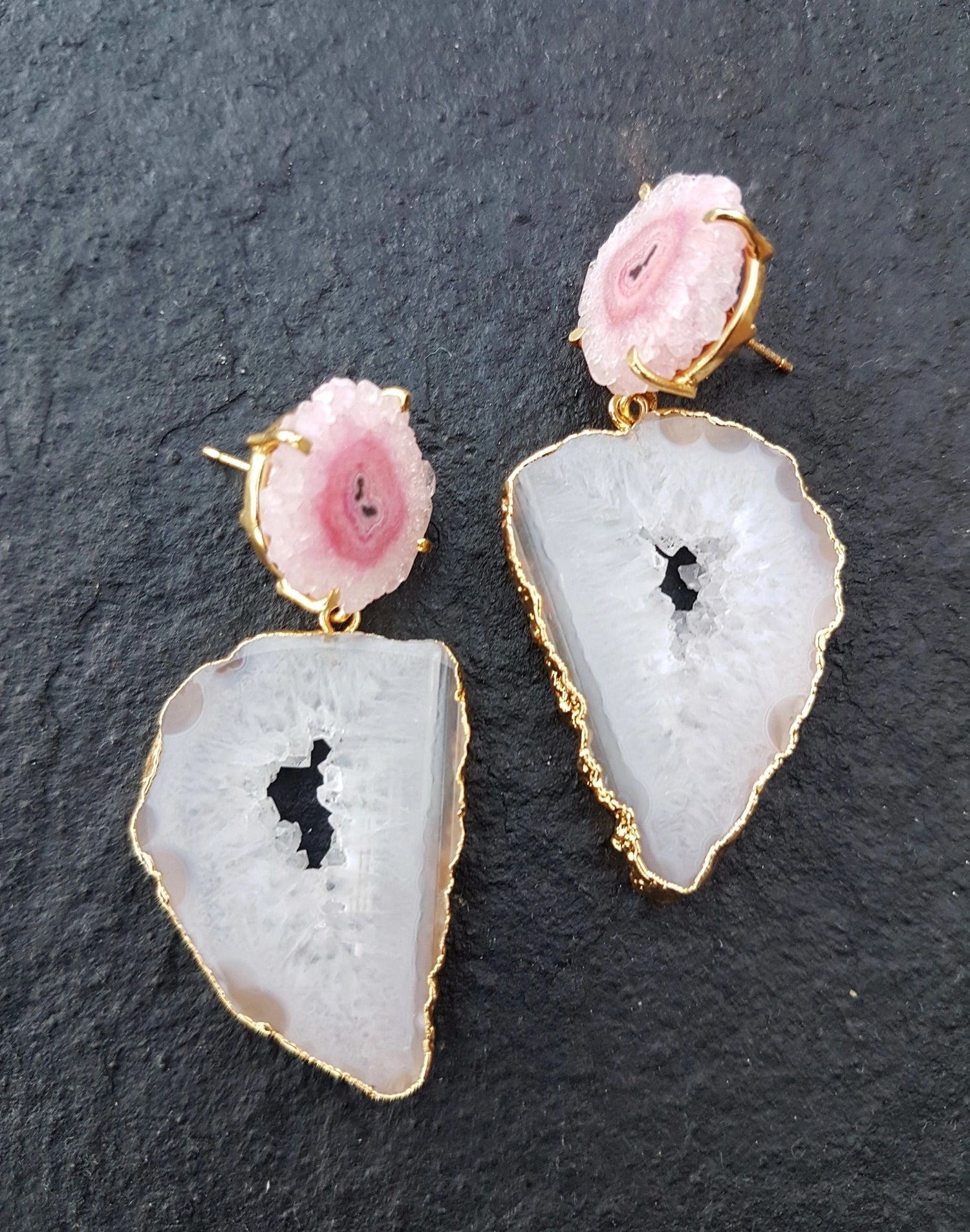 YAA YAA LONDON Blush Solar Quartz White Grey Agate 'Summer Love' Earrings