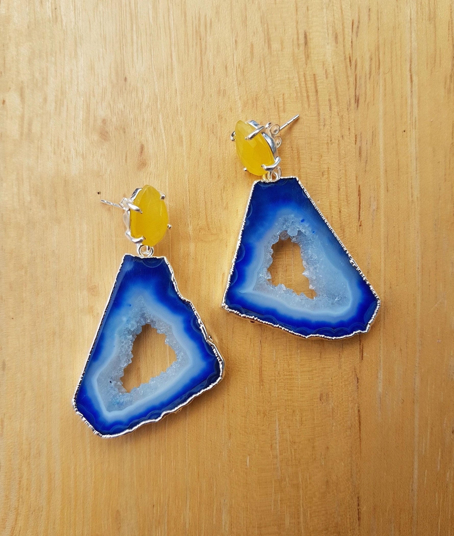YYL LUXE Sterling Silver Blue Agate Yellow Stone Earrings