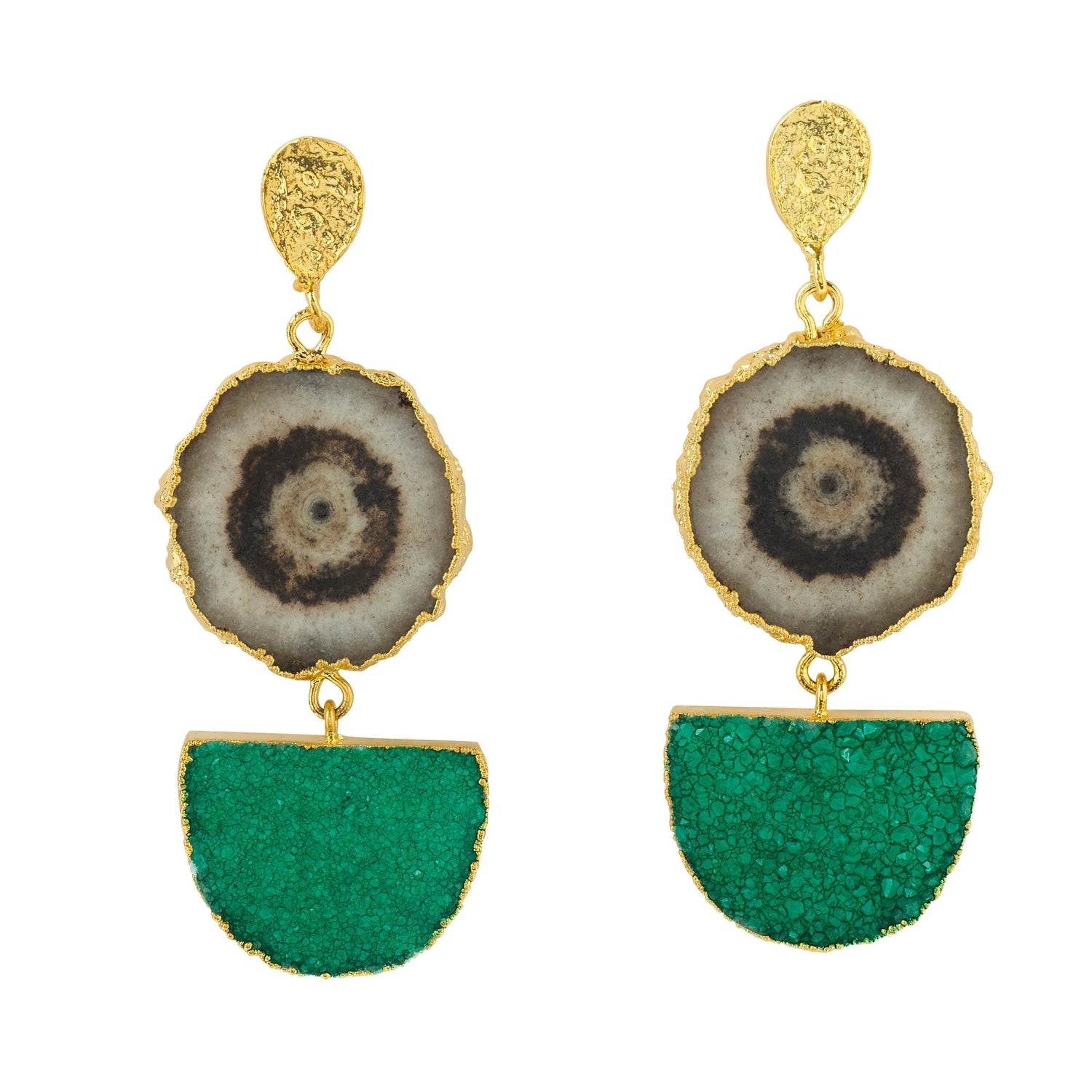 YAA YAA LONDON Grey Solar Quartz Green Druzy Gold Earrings