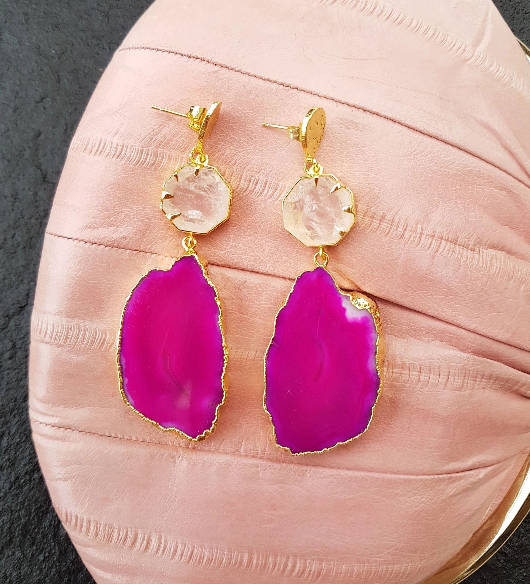 YAA YAA LONDON 'Hold on' Rose Quartz Gemstone Statement Earrings - Pink