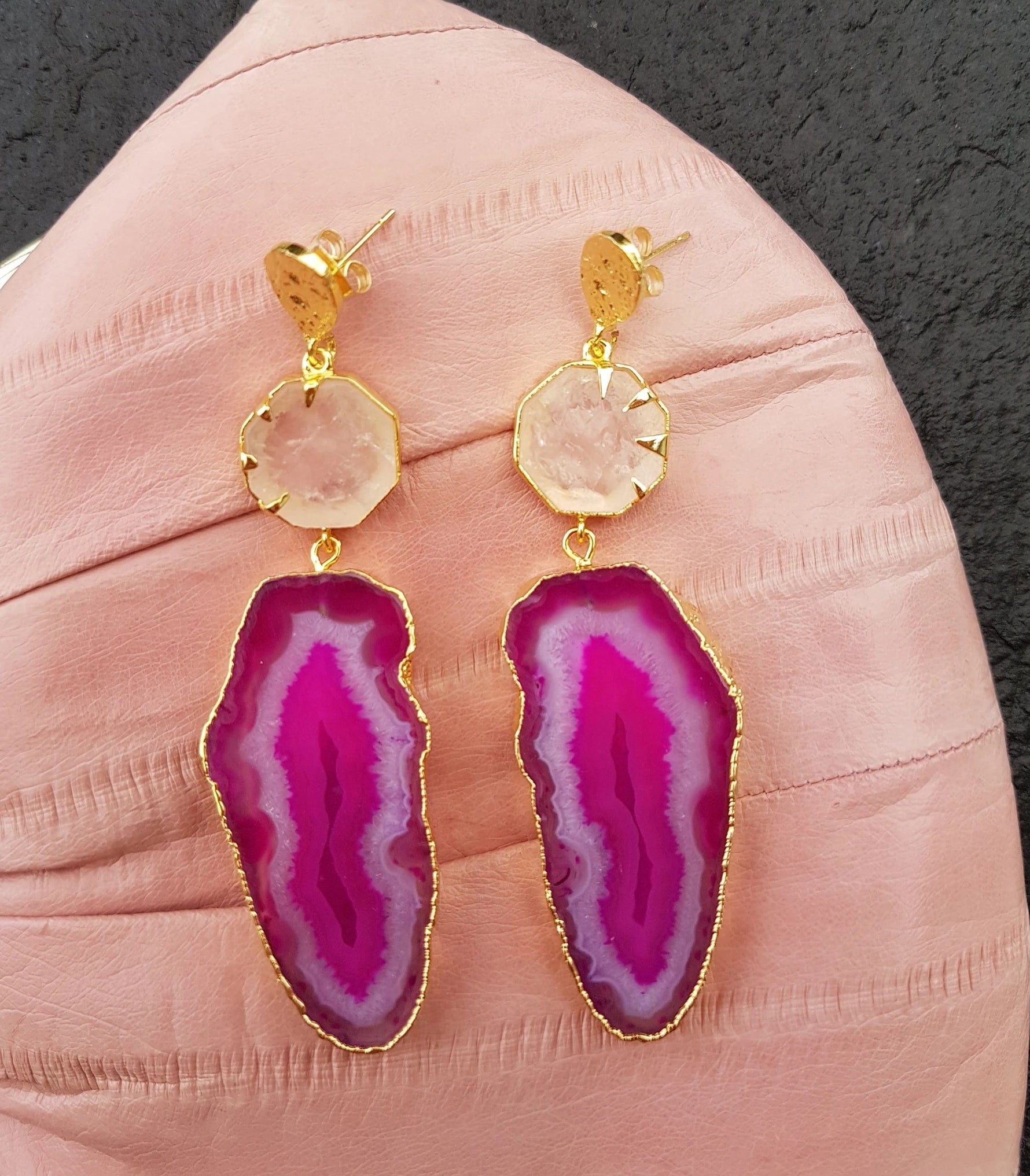 YAA YAA LONDON 'Hold on' Rose Quartz Gemstone Statement Earrings - Pink
