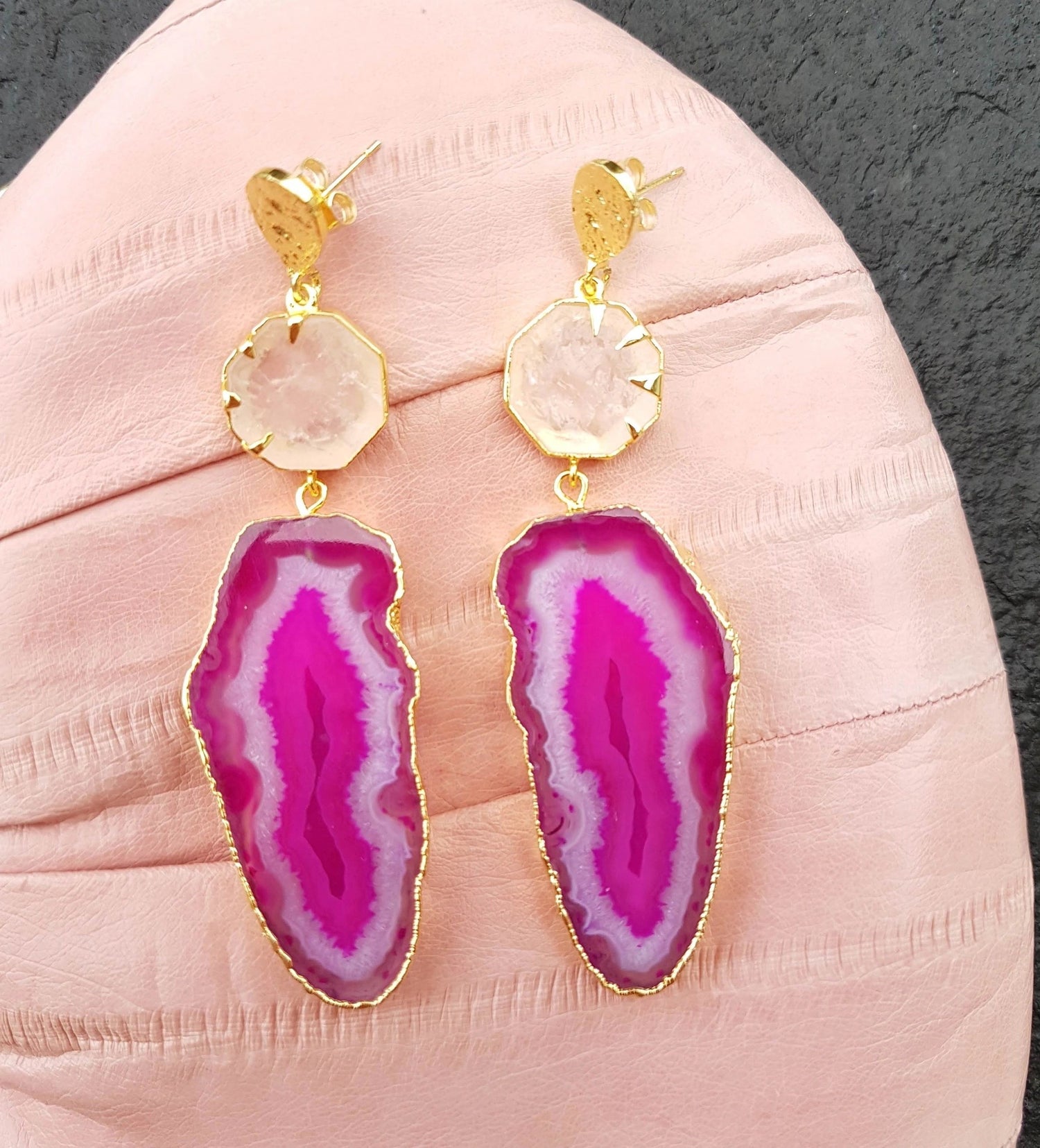 YAA YAA LONDON 'Hold on' Rose Quartz Gemstone Statement Earrings - Pink