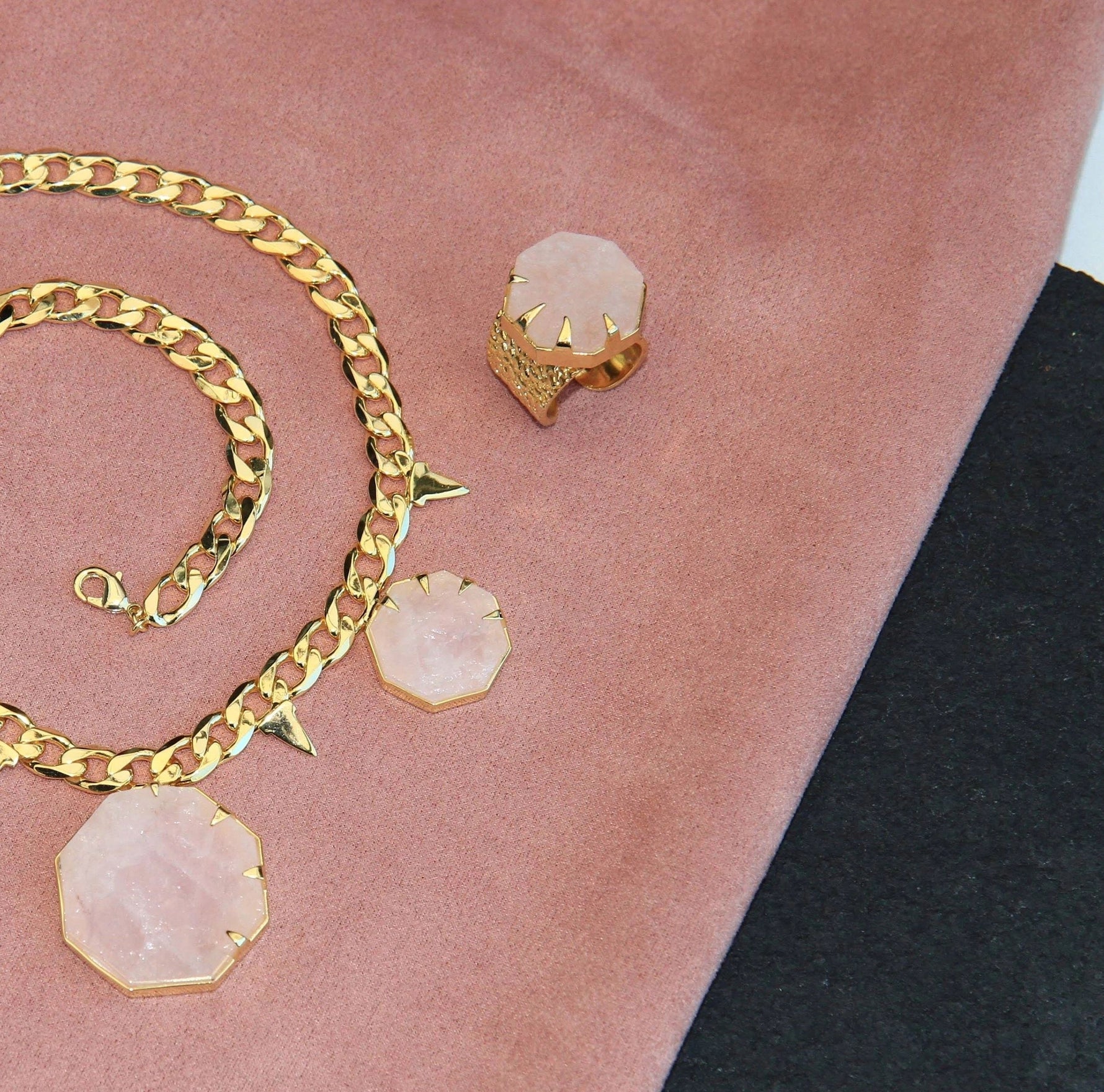 YAA YAA LONDON 'Hold on' Rose Quartz Gold Statement Ring