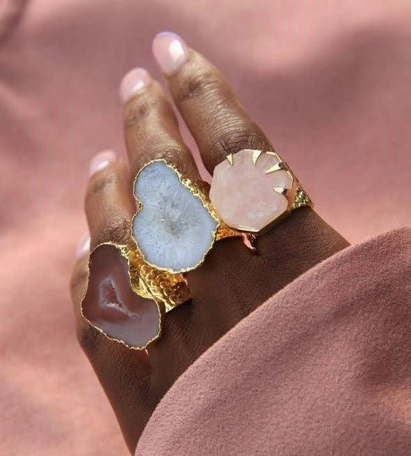 YAA YAA LONDON 'Hold on' Rose Quartz Gold Statement Ring