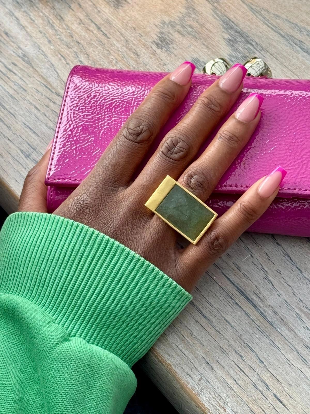 YYL LUXE 'Confidence' Green Quartz Gemstone Gold Vermeil Ring