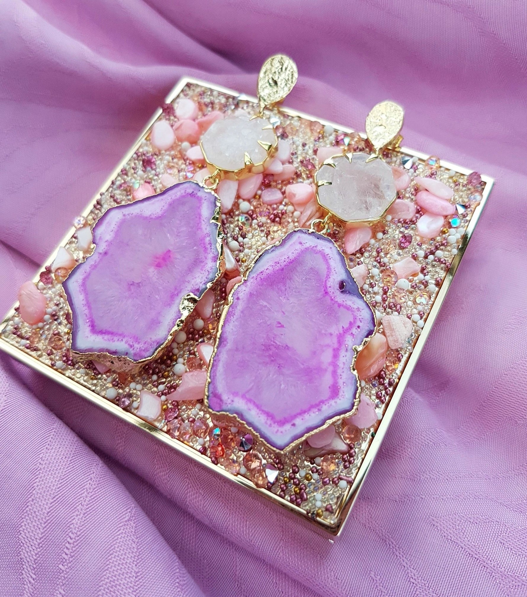 YAA YAA LONDON 'Hold on' Rose Quartz Gemstone Statement Earrings - Pink