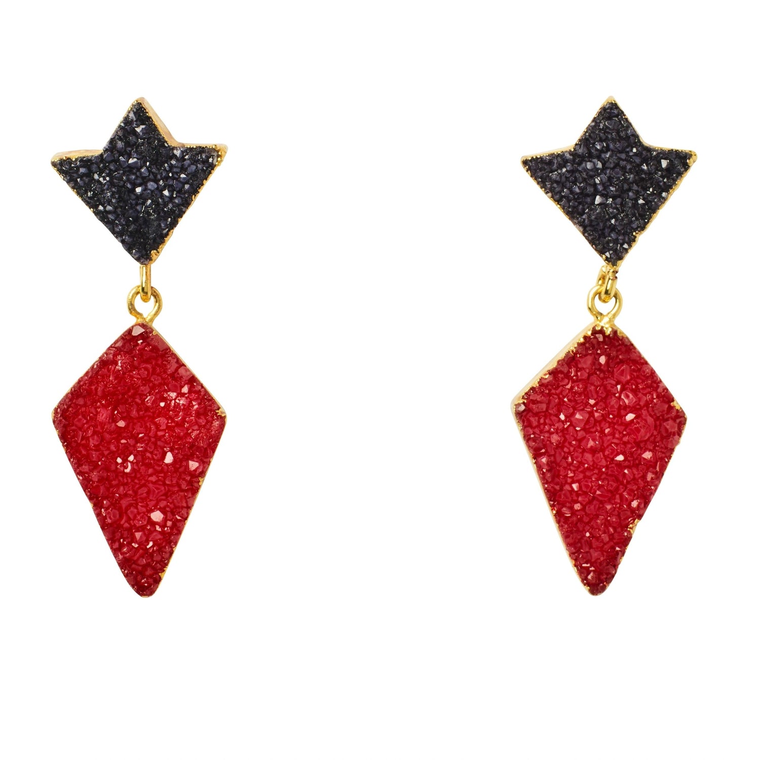 YAA YAA LONDON 'Princess' Red Black Druzy Gold Earrings