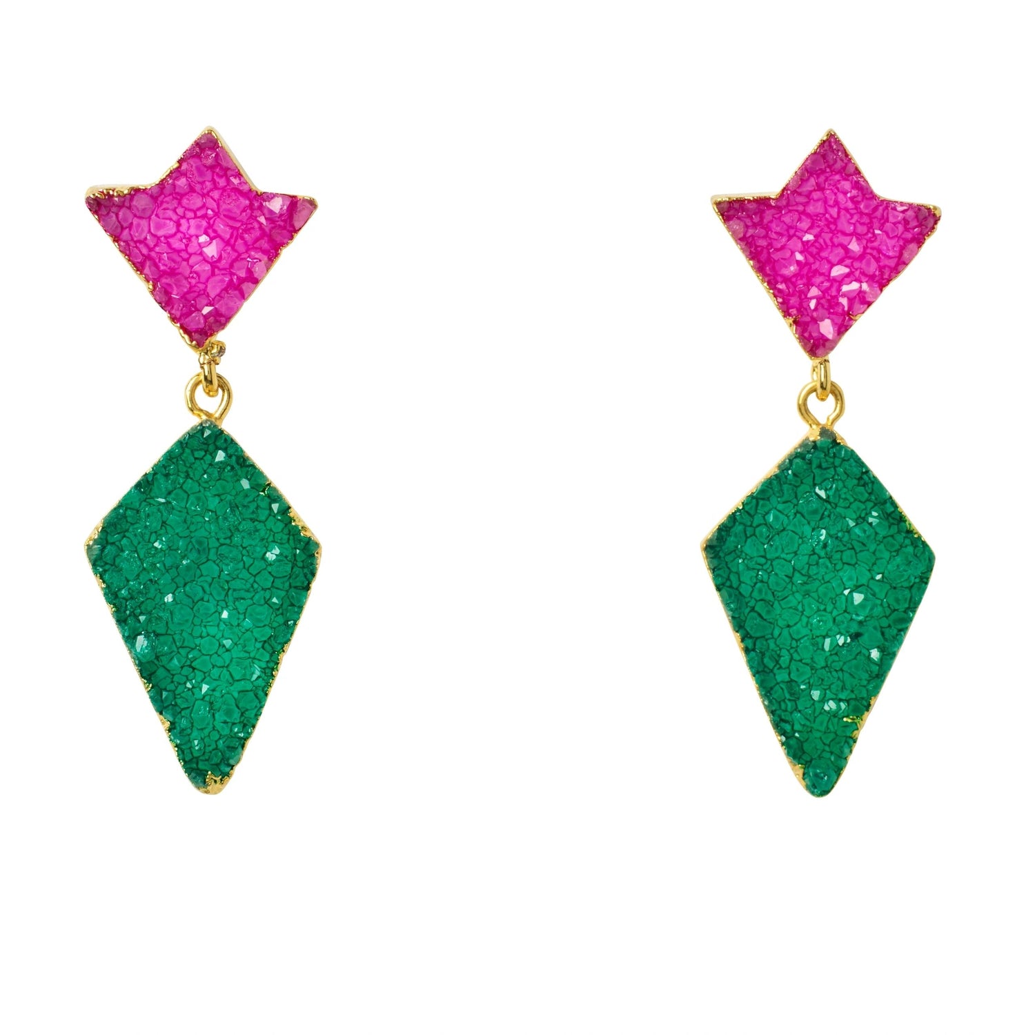 YAA YAA LONDON 'Princess' Pink Green Druzy Gold Earrings