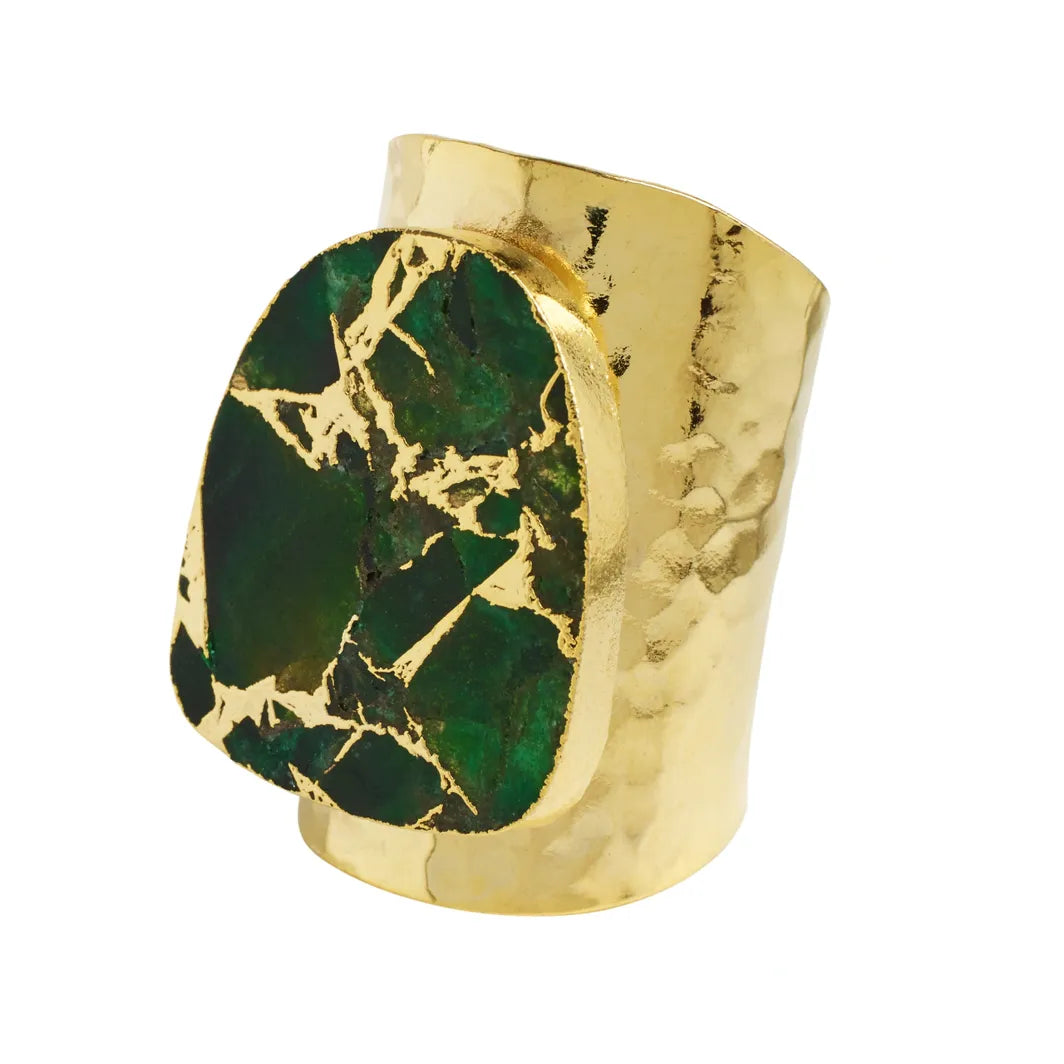 YAA YAA LONDON Longline 'Molten' Green Stone Gold Cuff Statement Ring