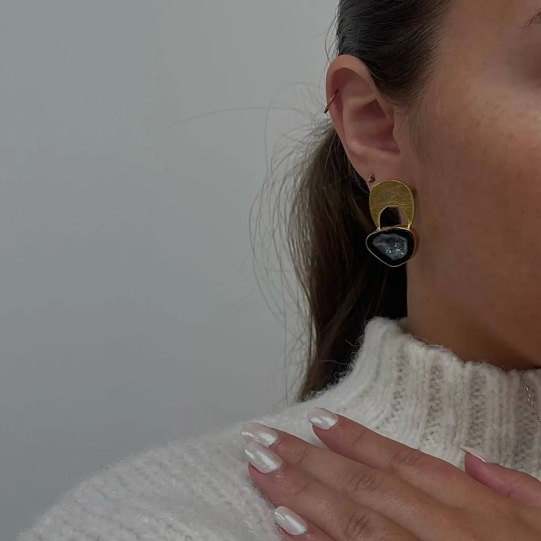 ‘Quietly Confident’ Black Grey Agate Crystal Gold Earrings
