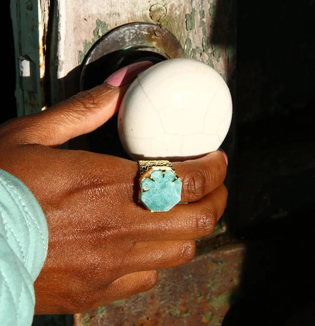 'Hold on' Amazonite Gold Adjustable Statement Ring