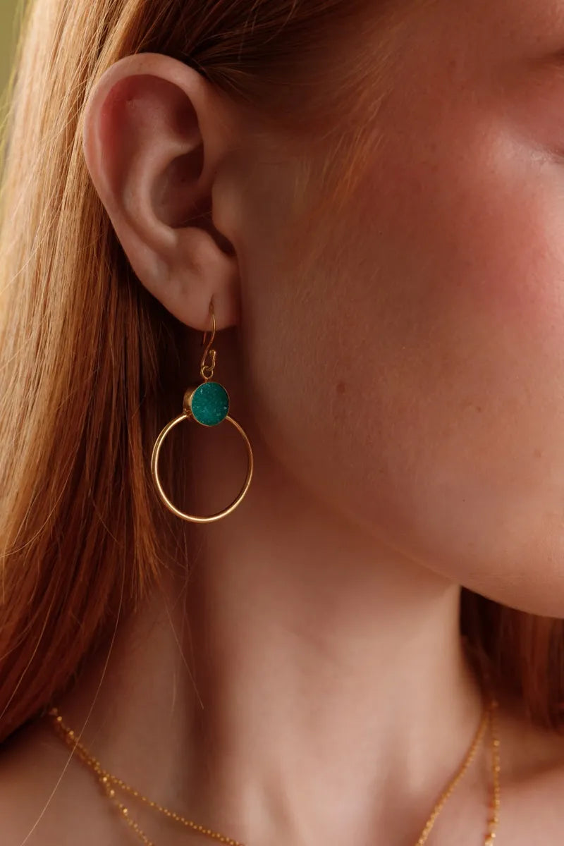 Colour Pop Green Druzy Gold Hoop Earrings