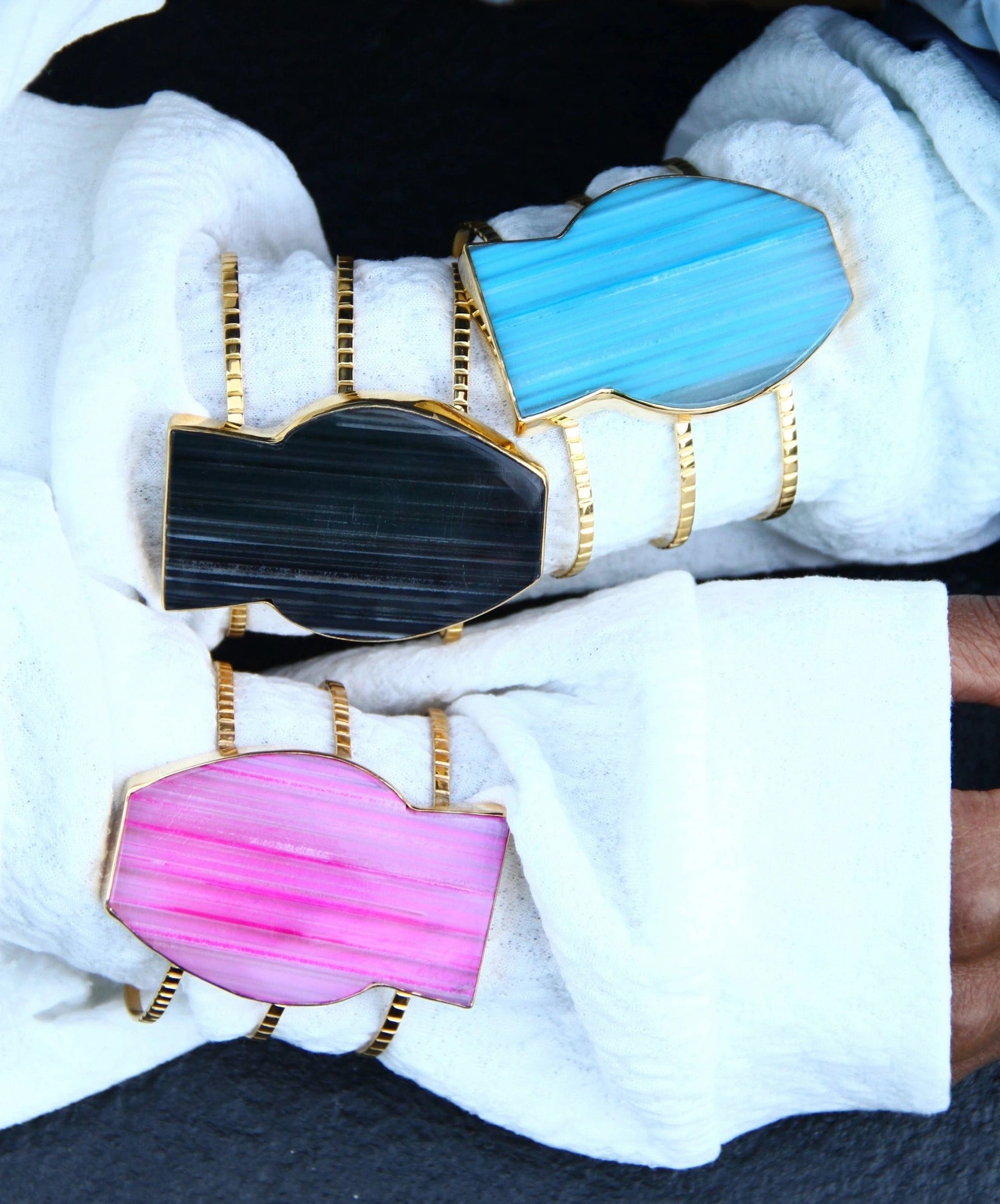 Black Grey Gemstone Gold 'Body' Cuff Bracelet