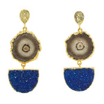 Grey Solar Quartz Navy Blue Druzy Gold Earrings