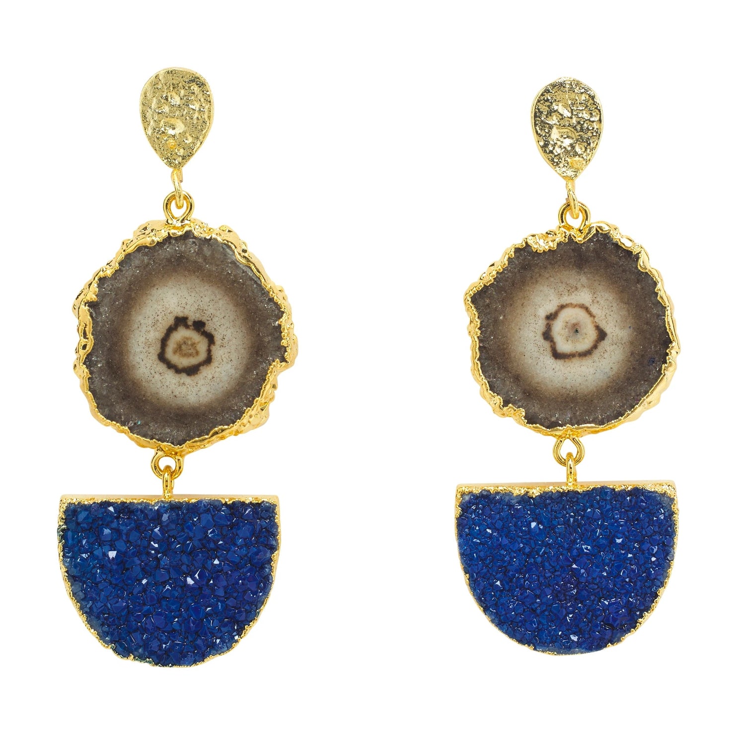 Grey Solar Quartz Navy Blue Druzy Gold Earrings