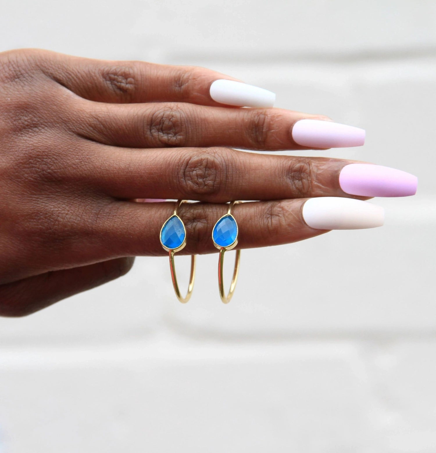 'Spring Life' Teardrop Blue Chalcedony Gold Hoop Earrings