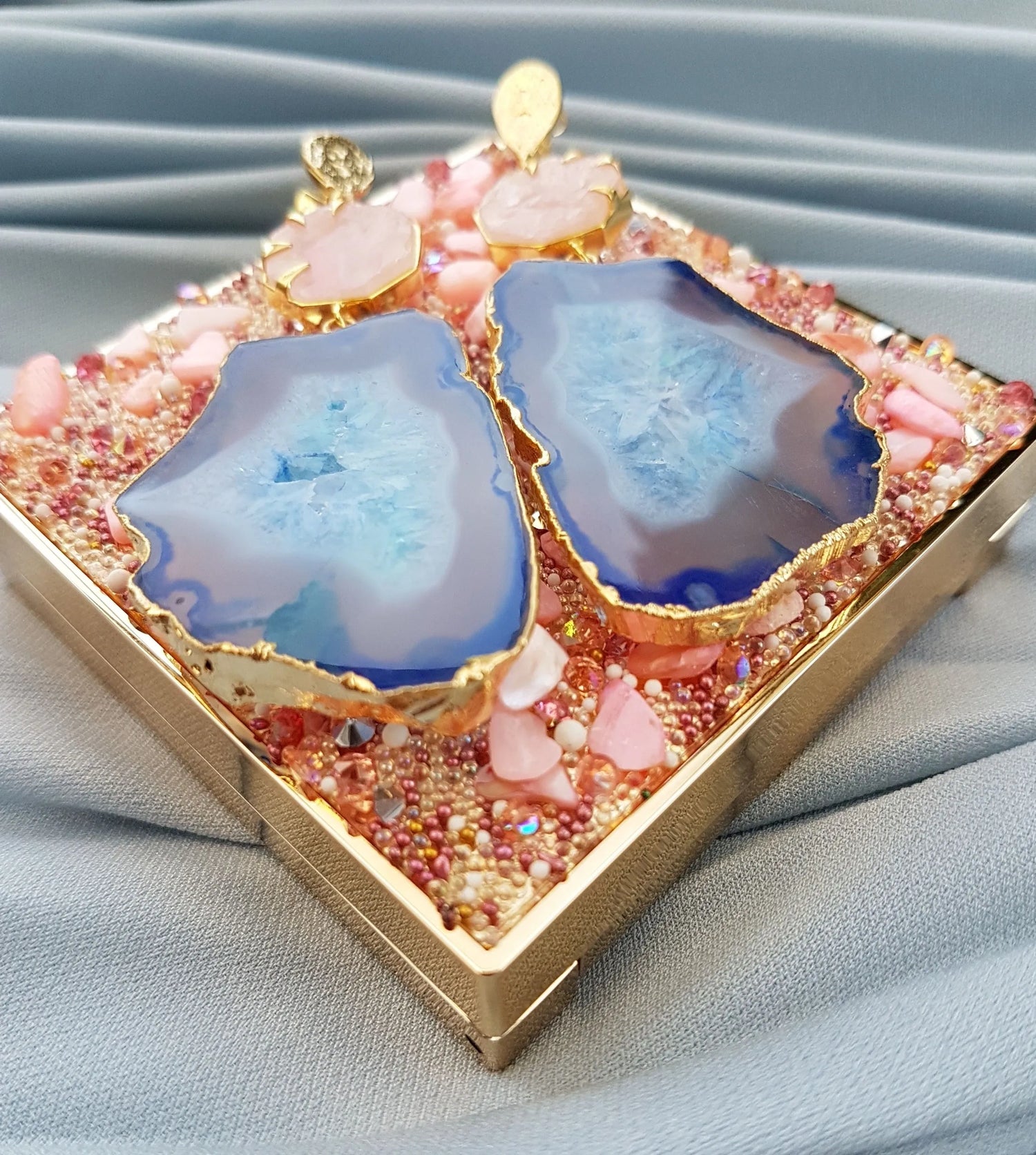 YAA YAA LONDON 'Hold on' Rose Quartz Gemstone Statement Earrings - Blue