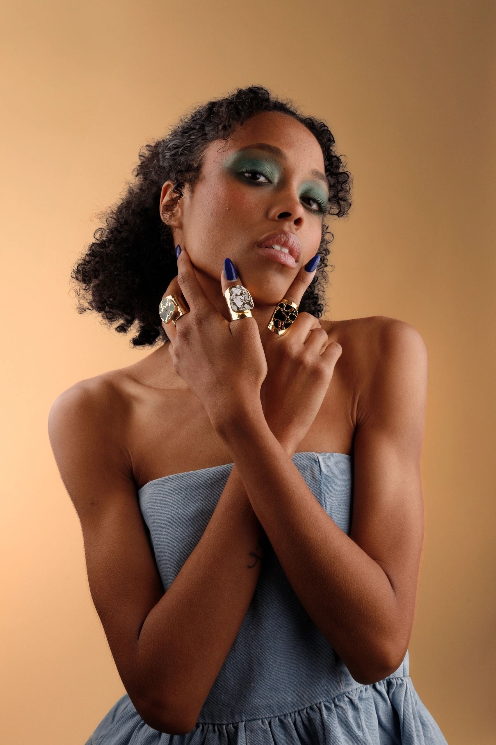 YAA YAA LONDON Longline 'Molten' Black Stone Gold Cuff Statement Ring